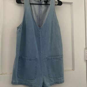 Women’s Denim Sleeveless Romper with Front and Back Pockets - Size Large
